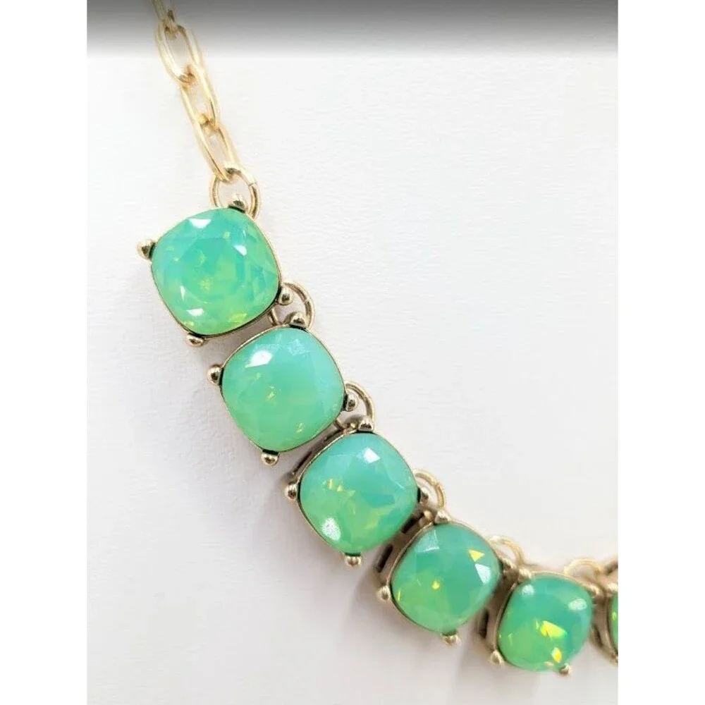 Express Aqua Opalescent Statement Necklace Gold Tone Green Faceted 9 Stone Bib